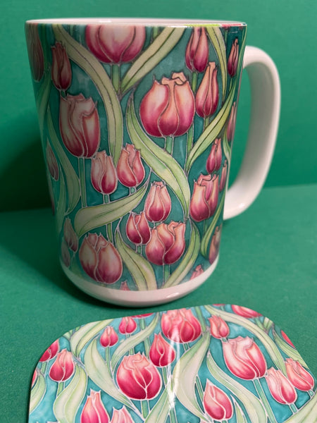 Extra Large Tulips Mug. Pink Green mugs in BIG & standard sizes.  mug & coaster box set. nature lovers gift set. Gardeners gift. flower lovers gift. gift for him. gift for teacher. gift for her. tea coffee lovers gift.