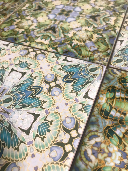 Nouveau Style Teal & Sage Green Butterfly Tiles - Beautiful Tranquil Kitchen or Bayhroom Ceramic hand printed  Tiles