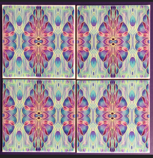 Persian Orchid Tiles -Turquouse Blue Purple Lilac Tiles  - Bohemian Nouveau Ceramic Hand Printed Tiles