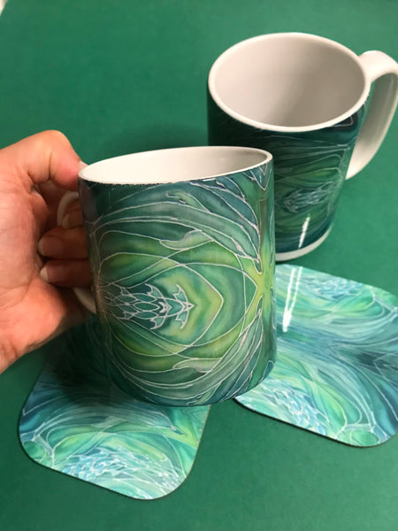 Green Dolphins Mug and Coaster - Extra Large & Regular Mug Sizes Dolphin Lovers Mug Gift Box Set -