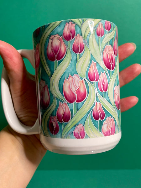 Extra Large Tulips Mug. Pink Green mugs in BIG & standard sizes.  mug & coaster box set. nature lovers gift set. Gardeners gift. flower lovers gift. gift for him. gift for teacher. gift for her. tea coffee lovers gift.