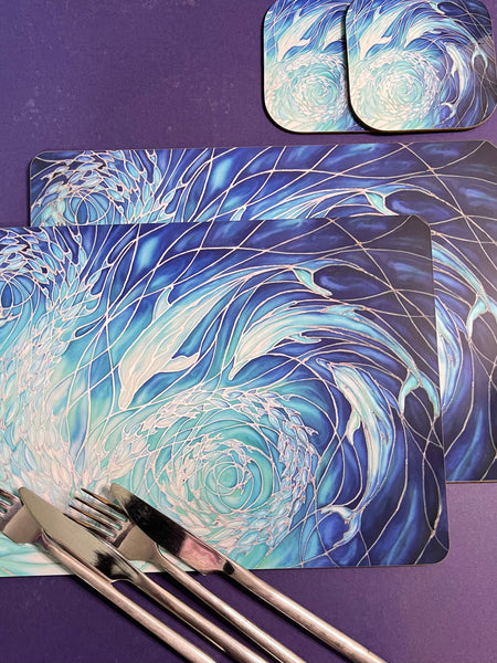 Blue Dolphin rectangular table mats and matching coasters - hard wearing durable mats - 32x23cm placemats in blue and aqua -gift for dolphin lovers and lovers of the sea and ocean.