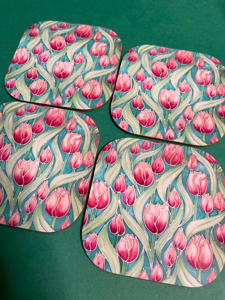 Extra Large Tulips Mug. Pink Green mugs in BIG & standard sizes.  mug & coaster box set. nature lovers gift set. Gardeners gift. flower lovers gift. gift for him. gift for teacher. gift for her. tea coffee lovers gift.