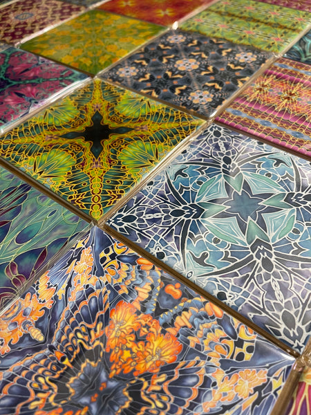 Fabulously eclectic colourful bohemian opulent patterned mix of ceramic tiles designed and made by Meikie chosen by The Making House. Bathroom makeover. Kitchen renovation. Utility room design. Bright bold decor.
