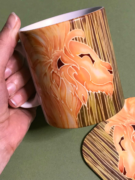 Golden Lion Mug & Coaster - Mighty Lion Mug Box Set - Green Gold Yellow - Wildlife Lovers Mug Gift