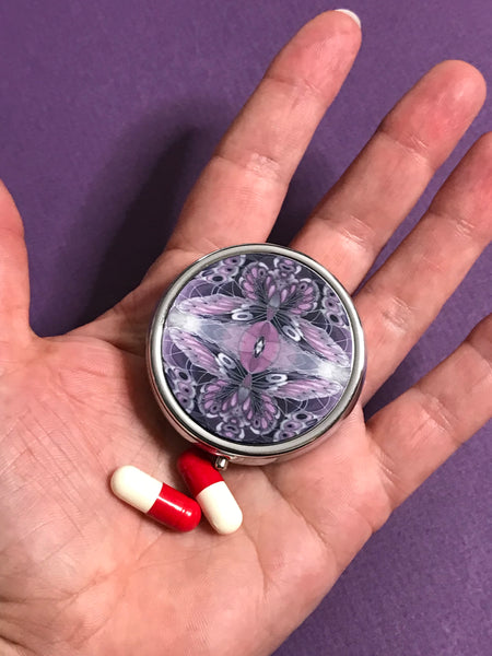 Goth Punk Purple Black Butterflies Pill Box - Round Medicine Box - Stud Earing Jewellery Box