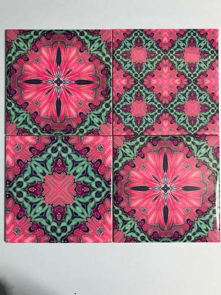 pink pop hand printed tiles. vibrant warm pink, purple and aqua green patterned colourful tiles to create the wow factor in your, bathroom, kitchen or utility room. pink bathroom makeover, bold pink kitchen interior design.