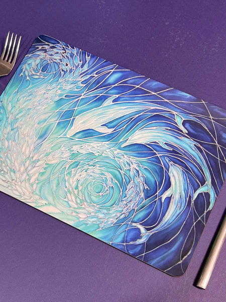 Blue Dolphin rectangular table mats and matching coasters - hard wearing durable mats - 32x23cm placemats in blue and aqua -gift for dolphin lovers and lovers of the sea and ocean.
