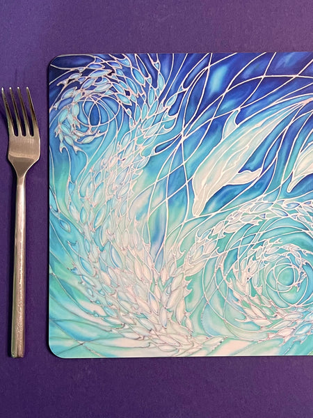 Blue Dolphin rectangular table mats and matching coasters - hard wearing durable mats - 32x23cm placemats in blue and aqua -gift for dolphin lovers and lovers of the sea and ocean.
