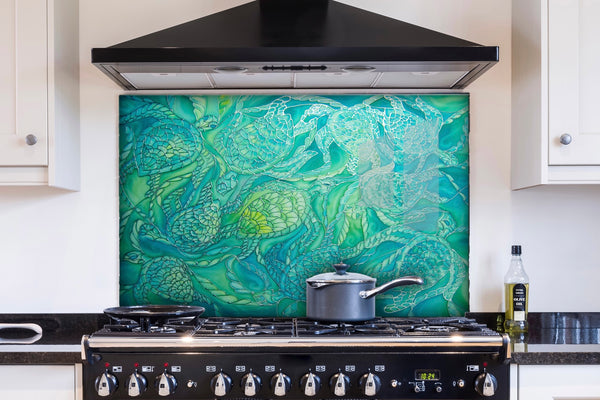 Emerald Green Turtles Splashback  - Jade Aqua Mint Lime Made to Measure Glass Splashback