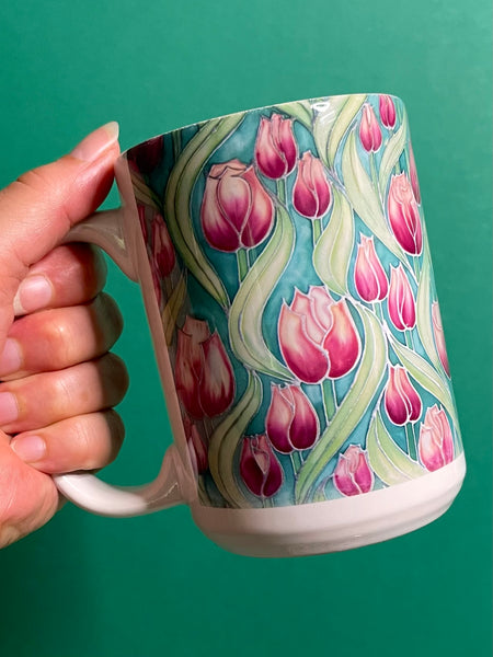Extra Large Tulips Mug. Pink Green mugs in BIG & standard sizes.  mug & coaster box set. nature lovers gift set. Gardeners gift. flower lovers gift. gift for him. gift for teacher. gift for her. tea coffee lovers gift.