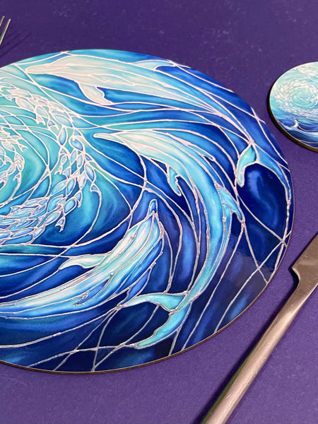 Blue Dolphin round table mats and matching coasters - hard wearing durable mats - 28cm circular placemats in blue and aqua -gift for dolphin lovers and lovers of the sea and ocean.