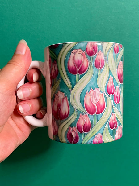 Extra Large Tulips Mug. Pink Green mugs in BIG & standard sizes.  mug & coaster box set. nature lovers gift set. Gardeners gift. flower lovers gift. gift for him. gift for teacher. gift for her. tea coffee lovers gift.