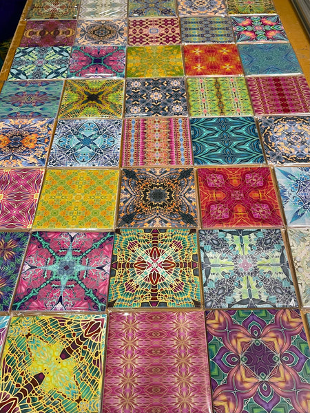 Fabulously eclectic colourful bohemian opulent patterned mix of ceramic tiles designed and made by Meikie chosen by The Making House. Bathroom makeover. Kitchen renovation. Utility room design. Bright bold decor.