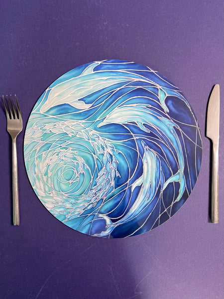 Blue Dolphin round table mats and matching coasters - hard wearing durable mats - 28cm circular placemats in blue and aqua -gift for dolphin lovers and lovers of the sea and ocean.