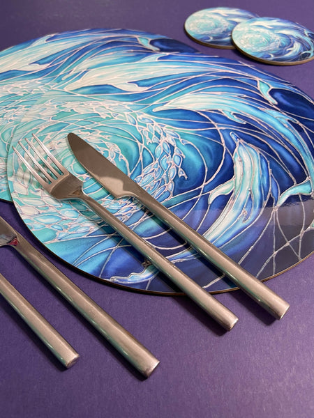 Blue Dolphin round table mats and matching coasters - hard wearing durable mats - 28cm circular placemats in blue and aqua -gift for dolphin lovers and lovers of the sea and ocean.