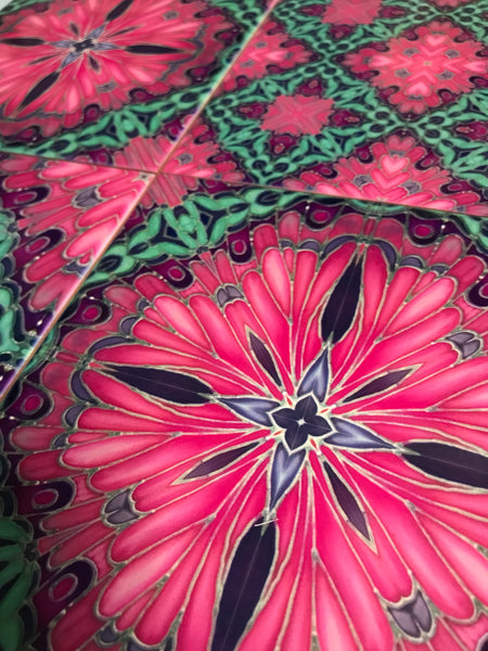pink pop hand printed tiles. vibrant warm pink, purple and aqua green patterned colourful tiles to create the wow factor in your, bathroom, kitchen or utility room. pink bathroom makeover, bold pink kitchen interior design.