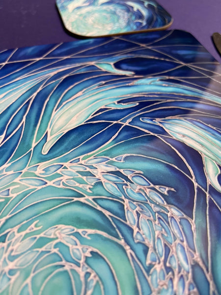 Blue Dolphin rectangular table mats and matching coasters - hard wearing durable mats - 32x23cm placemats in blue and aqua -gift for dolphin lovers and lovers of the sea and ocean.