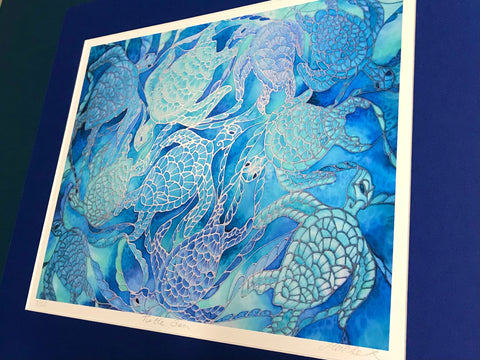 blue turtles art print. beautifully patterned turtles swimming in a blue, pale green, aqua and lilac sea. perfect gift for sea,  ocean and nature lovers swimmers. Sealife wall art available mounted on blue or unmounted ready for you to mount and frame with your choices.