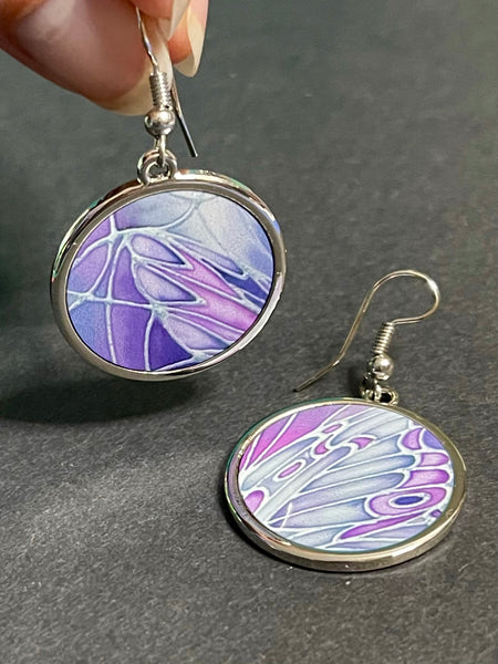 Pretty Lilac Butterfly Wings Round Drop Earings - Delicate Nature Lovers Gift