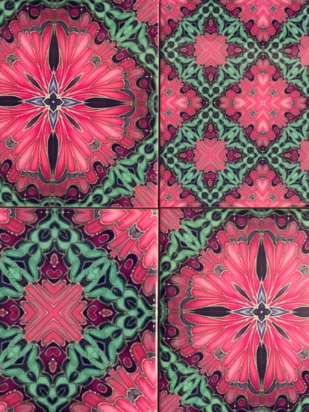 pink pop hand printed tiles. vibrant warm pink, purple and aqua green patterned colourful tiles to create the wow factor in your, bathroom, kitchen or utility room. pink bathroom makeover, bold pink kitchen interior design.