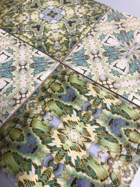 Nouveau Style Teal & Sage Green Butterfly Tiles - Beautiful Tranquil Kitchen or Bayhroom Ceramic hand printed  Tiles