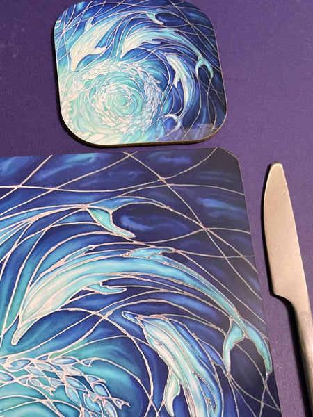 Blue Dolphin rectangular table mats and matching coasters - hard wearing durable mats - 32x23cm placemats in blue and aqua -gift for dolphin lovers and lovers of the sea and ocean.