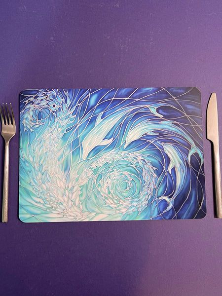 Blue Dolphin rectangular table mats and matching coasters - hard wearing durable mats - 32x23cm placemats in blue and aqua -gift for dolphin lovers and lovers of the sea and ocean.