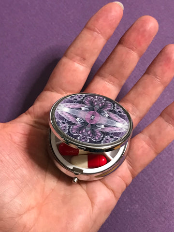 Goth Punk Purple Black Butterflies Pill Box - Round Medicine Box - Stud Earing Jewellery Box