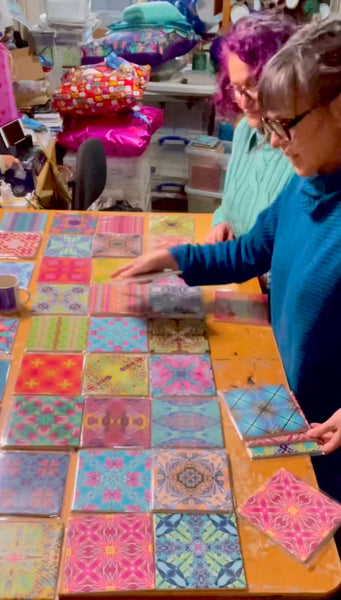 Fabulously eclectic colourful bohemian opulent patterned mix of ceramic tiles designed and made by Meikie chosen by The Making House. Bathroom makeover. Kitchen renovation. Utility room design. Bright bold decor.