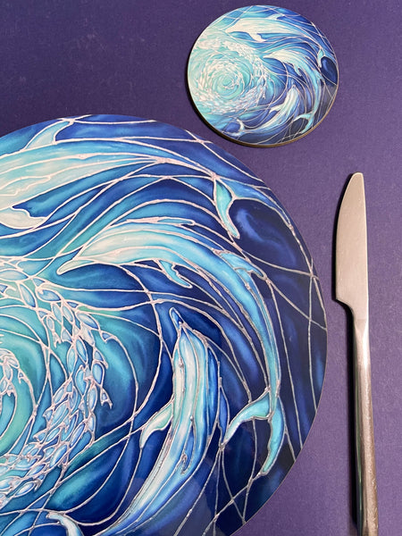 Blue Dolphin round table mats and matching coasters - hard wearing durable mats - 28cm circular placemats in blue and aqua -gift for dolphin lovers and lovers of the sea and ocean.