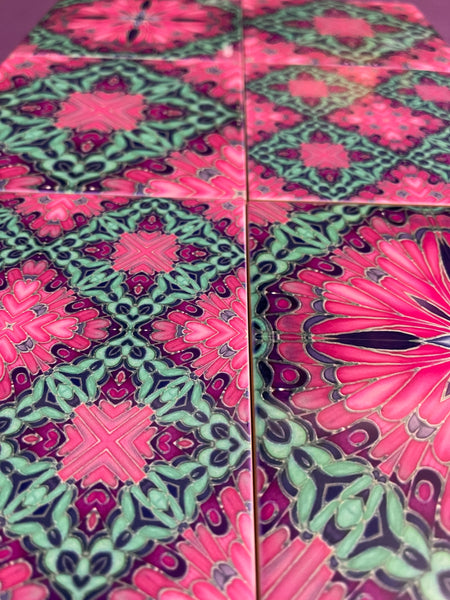 pink pop hand printed tiles. vibrant warm pink, purple and aqua green patterned colourful tiles to create the wow factor in your, bathroom, kitchen or utility room. pink bathroom makeover, bold pink kitchen interior design.