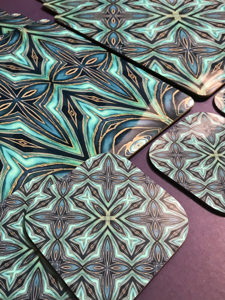 Teal Blue Geometric Fusion Square Table Mats & Coasters - Place