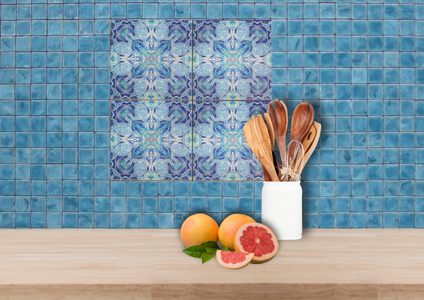 Blue turtle mandala tiles 6x6” squares with a smooth shiny surface, gorgeous aqua ultramarine & royal blue shades, hand printed by Meikie in her Studio. Perfect for a bathroom makeover as a full wall, border or individual tiles set into plain tiles.
