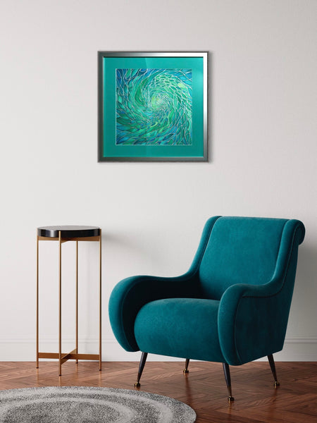 Sea Green Lime Aqua ‘Enchanted Depths’ Mesmerising Shoal Silk Painting - hand painted silk Sparkling  Shoal