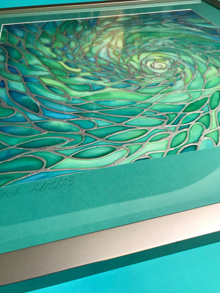 Sea Green Lime Aqua ‘Enchanted Depths’ Mesmerising Shoal Silk Painting - hand painted silk Sparkling  Shoal