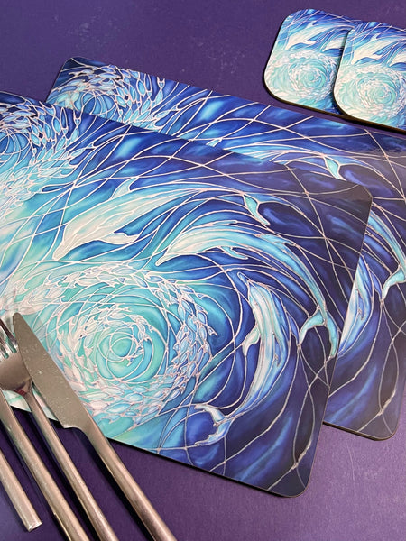 Blue Dolphin rectangular table mats and matching coasters - hard wearing durable mats - 32x23cm placemats in blue and aqua -gift for dolphin lovers and lovers of the sea and ocean.