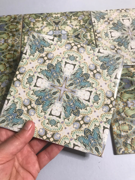 Nouveau Style Teal & Sage Green Butterfly Tiles - Beautiful Tranquil Kitchen or Bayhroom Ceramic hand printed  Tiles