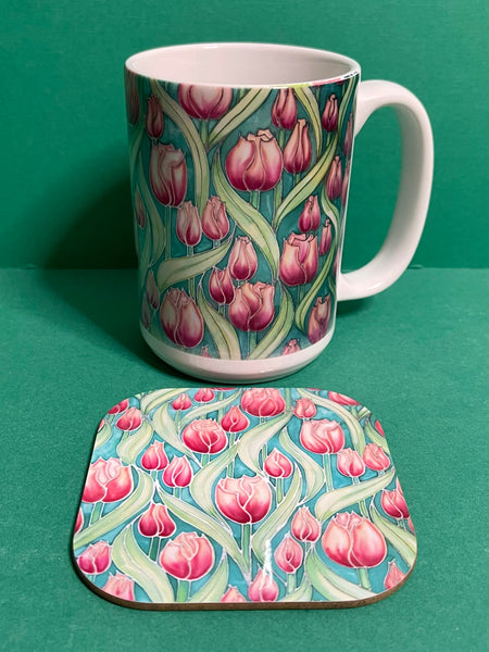 Extra Large Tulips Mug. Pink Green mugs in BIG & standard sizes.  mug & coaster box set. nature lovers gift set. Gardeners gift. flower lovers gift. gift for him. gift for teacher. gift for her. tea coffee lovers gift.