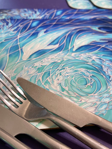 Blue Dolphin rectangular table mats and matching coasters - hard wearing durable mats - 32x23cm placemats in blue and aqua -gift for dolphin lovers and lovers of the sea and ocean.