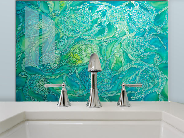 Emerald Green Turtles Splashback  - Jade Aqua Mint Lime Made to Measure Glass Splashback