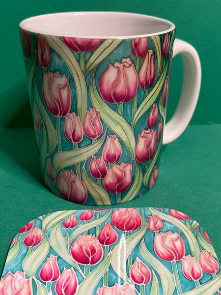 Extra Large Tulips Mug. Pink Green mugs in BIG & standard sizes.  mug & coaster box set. nature lovers gift set. Gardeners gift. flower lovers gift. gift for him. gift for teacher. gift for her. tea coffee lovers gift.