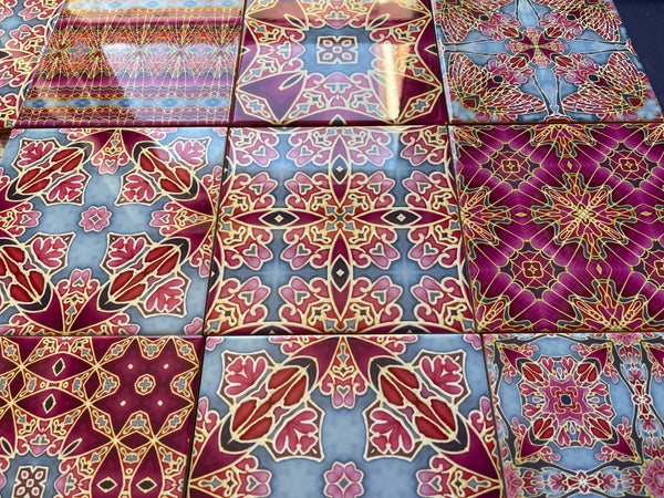 Pink Sunset Inspired Set of 20 Ceramic Tiles - Bohemian Blue Pink and Gold Warm Gentle Bohemian Kitchen Tiles