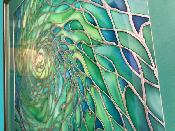 Sea Green Lime Aqua ‘Enchanted Depths’ Mesmerising Shoal Silk Painting - hand painted silk Sparkling  Shoal