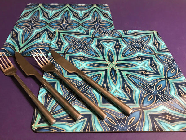 Teal Blue Geometric Fusion Square Table Mats & Coasters - Place