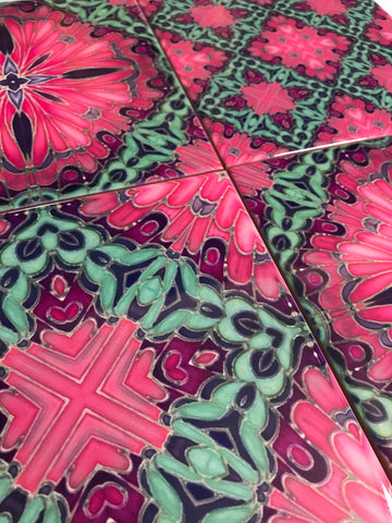 pink pop hand printed tiles. vibrant warm pink, purple and aqua green patterned colourful tiles to create the wow factor in your, bathroom, kitchen or utility room. pink bathroom makeover, bold pink kitchen interior design.