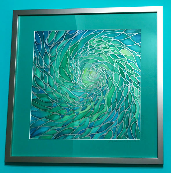 Sea Green Lime Aqua ‘Enchanted Depths’ Mesmerising Shoal Silk Painting - hand painted silk Sparkling  Shoal