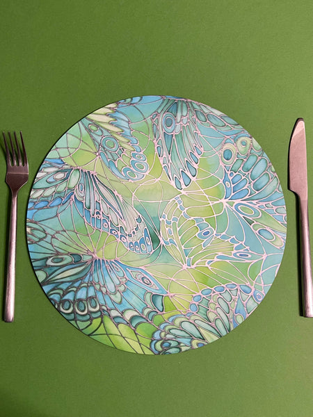Green Tableware - Lime Green Placemats - Green Coasters - Green Glass Chopping boards - Green Glass Counter Savers - Green Glass Serving Platters - Butterfly Wings  - Green melamine serving tray - Green table mats - Durable hardwearing table mats - Meikie designs Sea Green Table Mats, Place Settings, Coasters, Mugs, Chopping Boards, Trivets, Round Table Mats, Mouse Mats. Emerald Aqua Teal Lime Turquoise. Round Table Mats. rectangular place mats.