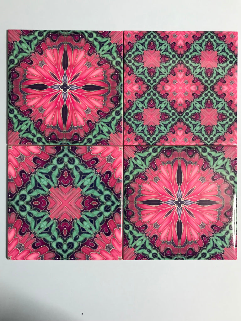 Set of four pink pop hand printed tiles. vibrant warm pink, purple and aqua green patterned colourful tiles to create the wow factor in your, bathroom, kitchen or utility room. pink bathroom makeover, bold pink kitchen interior design.