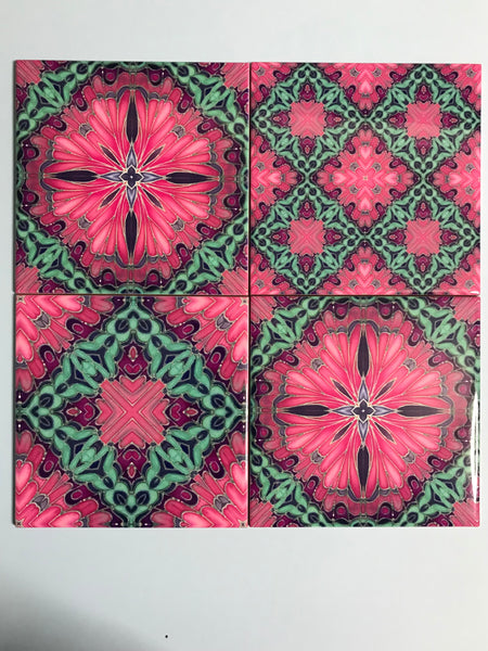 Set of four pink pop hand printed tiles. vibrant warm pink, purple and aqua green patterned colourful tiles to create the wow factor in your, bathroom, kitchen or utility room. pink bathroom makeover, bold pink kitchen interior design.